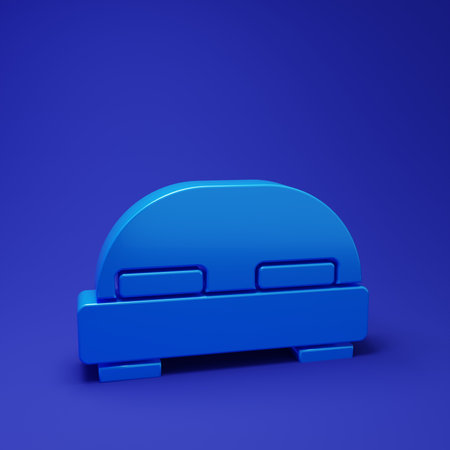 Blue Big bed for two or one person icon isolated on blue background. Minimalism concept. 3D render illustration.の写真素材