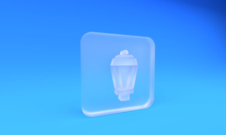 Frosted glass Garden light lamp icon isolated on blue background. Solar powered lamp. Lantern. Street lamp. Square frosted glass button. 3D render illustration.の写真素材