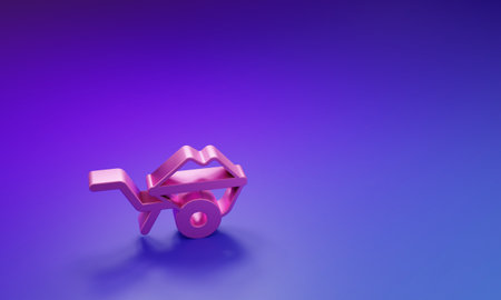 Pink Wheelbarrow with dirt icon isolated on purple-blue background. Tool equipment. Agriculture cart wheel farm. Minimalism concept. 3D render illustration.の写真素材