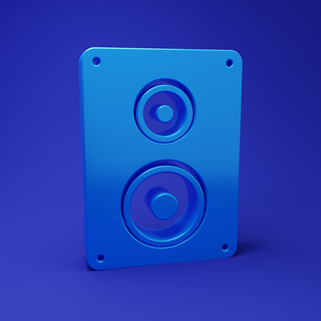 Blue Stereo speaker icon isolated on blue background. Sound system speakers. Music icon. Musical column speaker bass equipment. Minimalism concept. 3D render illustration.の写真素材