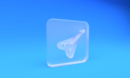 Frosted glass Electric bass guitar icon isolated on blue background. Square frosted glass button. 3D render illustration.の写真素材