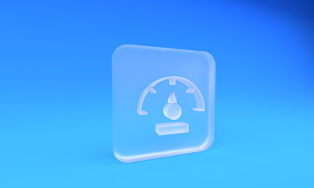 Frosted glass Speedometer icon isolated on blue background. Square frosted glass button. 3D render illustration.の写真素材