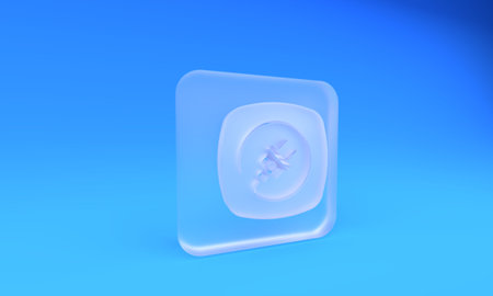 Frosted glass Electric plug icon isolated on blue background. Concept of connection and disconnection of the electricity. Square frosted glass button. 3D render illustration.の写真素材
