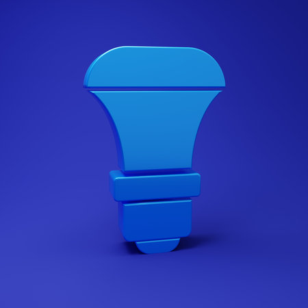 Blue LED light bulb icon isolated on blue background. Economical LED illuminated lightbulb. Save energy lamp. Minimalism concept. 3D render illustration.の写真素材