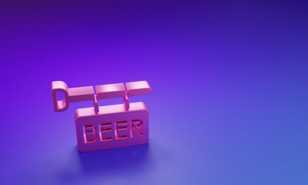 Pink Street signboard with inscription Beer icon isolated on purple-blue background. Suitable for advertisements bar, cafe, pub, restaurant. Minimalism concept. 3D render illustration.の写真素材