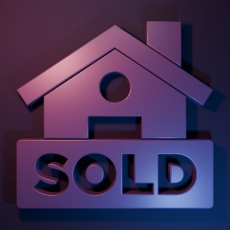 Purple Hanging sign with text Sold icon isolated on purple-blue background. Sold sticker. Sold signboard. Minimalism concept. 3D render illustration.の写真素材