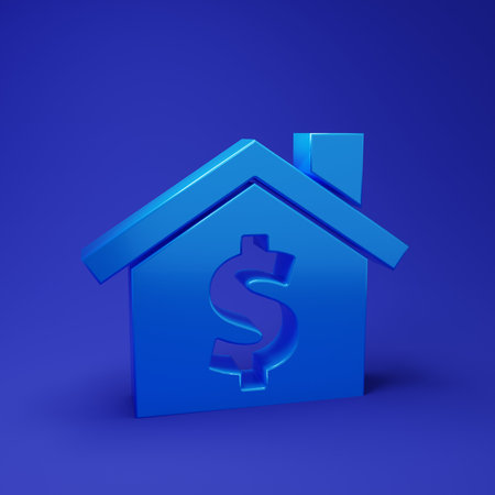 Blue House with dollar symbol icon isolated on blue background. Home and money. Real estate concept. Minimalism concept. 3D render illustration.の写真素材