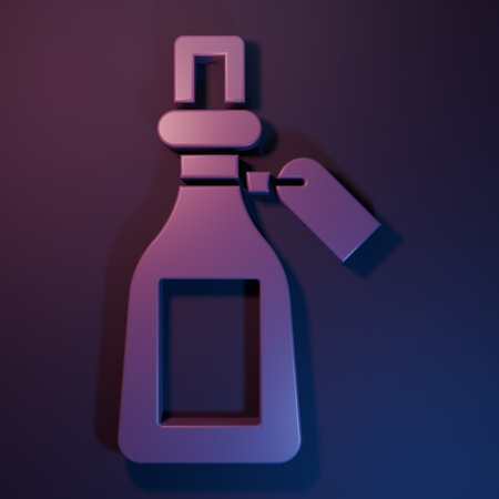 Purple Essential oil bottle icon isolated on purple-blue background. Organic aromatherapy essence. Skin care serum glass drop package. Minimalism concept. 3D render illustration.の写真素材