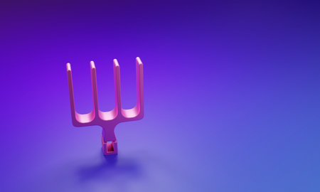 Pink Garden pitchfork icon isolated on purple-blue background. Garden fork sign. Tool for horticulture, agriculture, farming. Minimalism concept. 3D render illustration.の写真素材