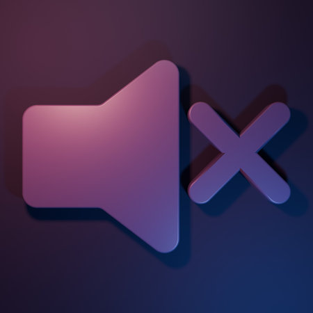 Purple Speaker mute icon isolated on purple-blue background. No sound icon. Volume Off symbol. Minimalism concept. 3D render illustration.の写真素材