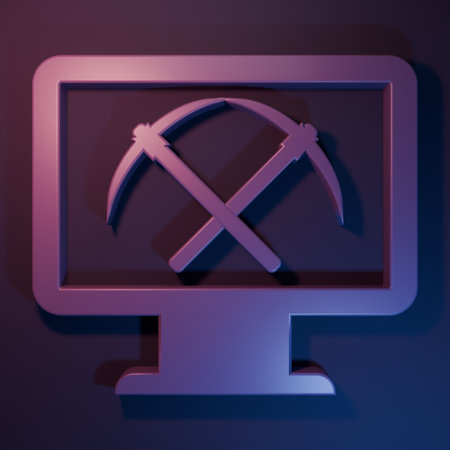 Purple Mining concept with monitor and pickaxe icon isolated on purple-blue background. Blockchain technology, cryptocurrency mining, digital money market. Minimalism concept. 3D render illustration.の写真素材