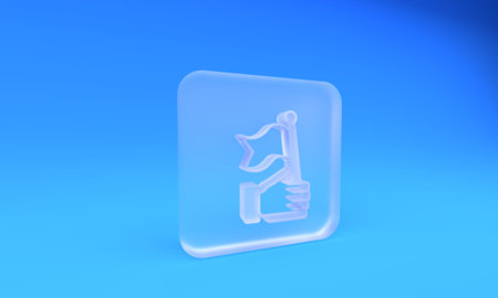 Frosted glass Hand holding flag icon isolated on blue background. Victory, winning and conquer adversity concept. Square frosted glass button. 3D render illustration.の写真素材