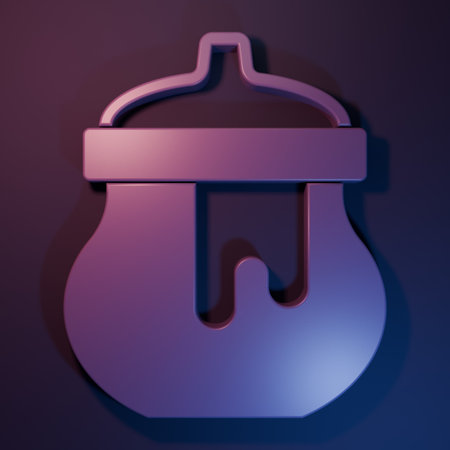 Purple Jar of honey icon isolated on purple-blue background. Food bank. Sweet natural food symbol. Minimalism concept. 3D render illustration.の写真素材