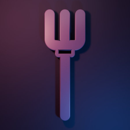 Purple Garden pitchfork icon isolated on purple-blue background. Garden fork sign. Tool for horticulture, agriculture, farming. Minimalism concept. 3D render illustration.の写真素材