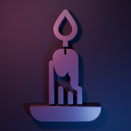 Purple Burning candle icon isolated on purple-blue background. Cylindrical candle stick with burning flame. Minimalism concept. 3D render illustration.の写真素材
