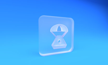 Frosted glass Space capsule icon isolated on blue background. Square frosted glass button. 3D render...
