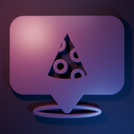 Purple Slice of pizza icon isolated on purple-blue background. Fast food menu. Minimalism concept. 3D render illustration.の写真素材