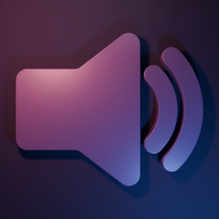 Purple Speaker volume - audio voice sound symbol, media music icon isolated on purple-blue background. Minimalism concept. 3D render illustration.の写真素材
