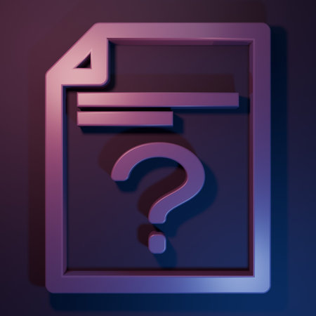 Purple Unknown document icon isolated on purple-blue background. File with Question mark. Hold report, service and global search sign. Minimalism concept. 3D render illustration.の写真素材