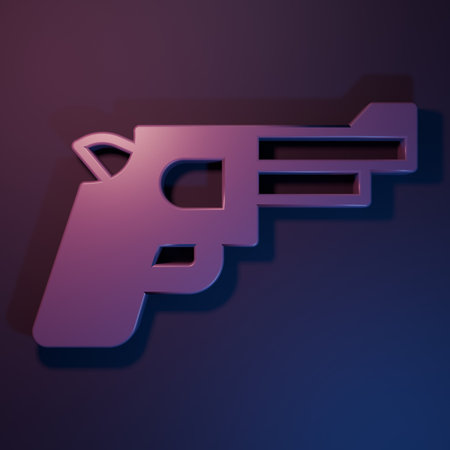 Purple Pistol or gun icon isolated on purple-blue background. Police or military handgun. Small firearm. Minimalism concept. 3D render illustration.の写真素材