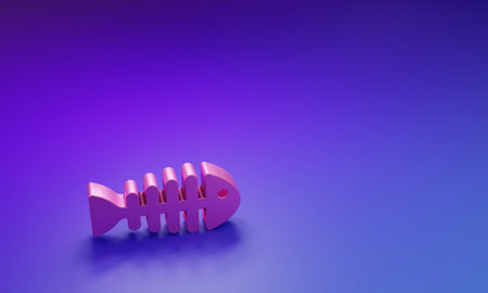 Pink Fish skeleton icon isolated on purple-blue background. Fish bone sign. Minimalism concept. 3D render illustration.の写真素材