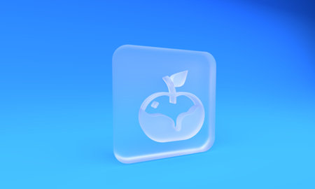 Frosted glass Apple in caramel icon isolated on blue background. Square frosted glass button. 3D render illustration.の写真素材