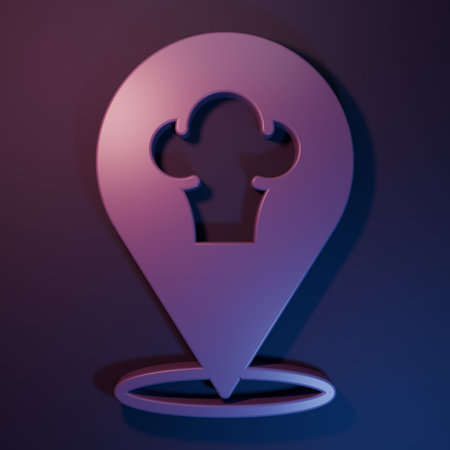 Purple Chef hat with location icon isolated on purple-blue background. Cooking symbol. Cooks hat. Minimalism concept. 3D render illustration.の写真素材