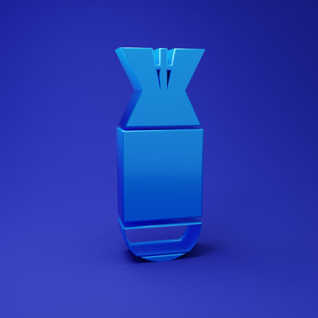 Blue Aviation bomb icon isolated on blue background. Rocket bomb flies down. Minimalism concept. 3D render illustration.の写真素材