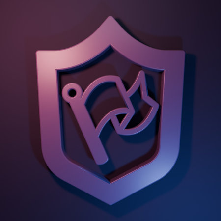 Purple Shield with flag icon isolated on purple-blue background. Victory, winning and conquer...