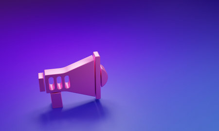Pink Megaphone icon isolated on purple-blue background. Speaker sign. Minimalism concept. 3D render illustration.の写真素材