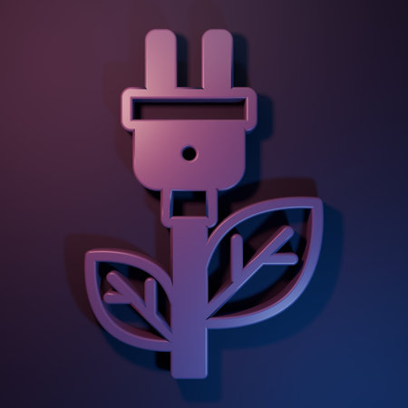 Purple Electric saving plug in leaf icon isolated on purple-blue background. Save energy electricity. Environmental protection. Bio energy. Minimalism concept. 3D render illustration.の写真素材
