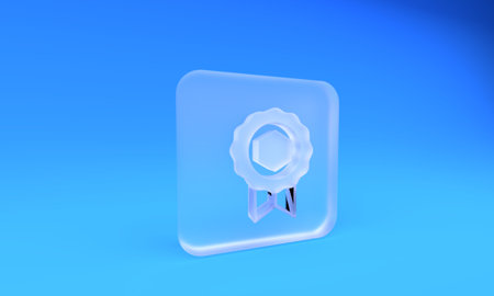 Frosted glass Honey award icon isolated on blue background. Honey medal. Square frosted glass button. 3D render illustration.の写真素材