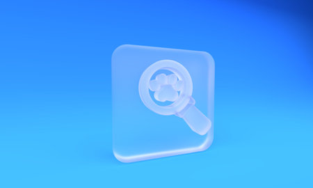 Frosted glass Veterinary clinic symbol icon isolated on blue background. Cross hospital sign. Stylized paw print dog or cat. Pet First Aid sign. Square frosted glass button. 3D render illustration.の写真素材