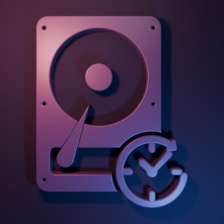 Purple Hard disk drive with clockwise sign, data recovery icon isolated on purple-blue background....