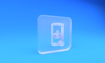 Frosted glass Flight mode in the mobile phone icon isolated on blue background. Airplane or aeroplane flight offline mode passenger regulation airline. Square frosted glass button. 3D render illustration.の写真素材