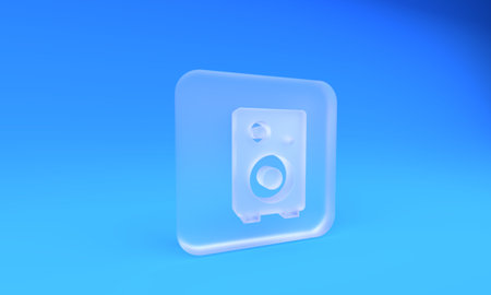 Frosted glass Stereo speaker icon isolated on blue background. Sound system speakers. Music icon....