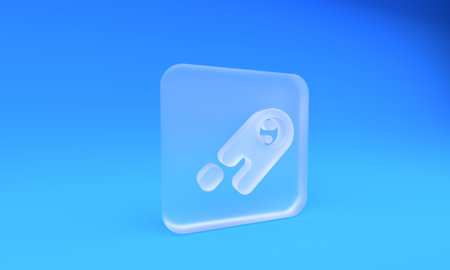 Frosted glass Comet falling down fast icon isolated on blue background. Square frosted glass button. 3D render illustration.の写真素材
