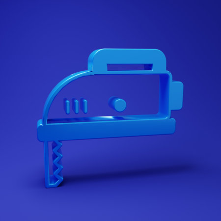 Blue Electric jigsaw with steel sharp blade icon isolated on blue background. Power tool for woodwork. Minimalism concept. 3D render illustration.の写真素材
