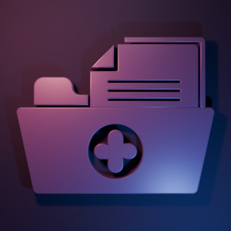 Purple Medical health record folder for healthcare icon isolated on purple-blue background. Patient file icon. Medical history symbol. Minimalism concept. 3D render illustration.の写真素材