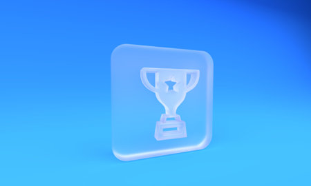 Frosted glass Award cup icon isolated on blue background. Winner trophy symbol. Championship or competition trophy. Sports achievement sign. Square frosted glass button. 3D render illustration.の写真素材
