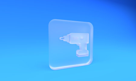 Frosted glass Electric cordless screwdriver icon isolated on blue background. Electric drill machine. Repair tool. Square frosted glass button. 3D render illustration.の写真素材