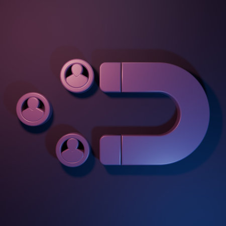 Purple Customer attracting icon isolated on purple-blue background. Customer retention, support and service. Customer people attracting with magnet. Minimalism concept. 3D render illustration.の写真素材