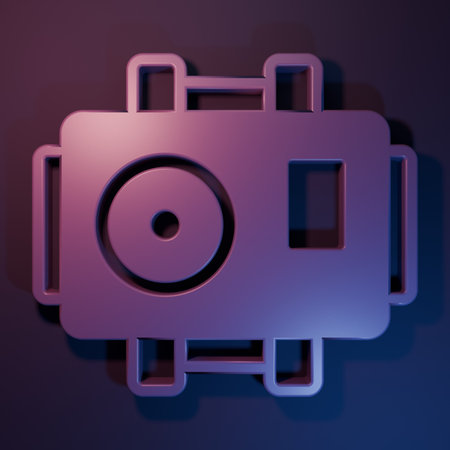 Purple Photo camera for diver icon isolated on purple-blue background. Photo camera icon. Diving underwater equipment. Minimalism concept. 3D render illustration.の写真素材