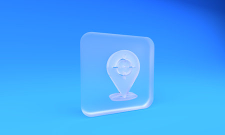 Frosted glass Target financial goal concept icon isolated on blue background. Symbolic goals achievement, success. Square frosted glass button. 3D render illustration.の写真素材