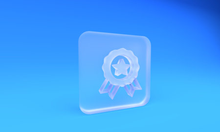 Frosted glass Medal icon isolated on blue background. Winner symbol. Square frosted glass button. 3D...