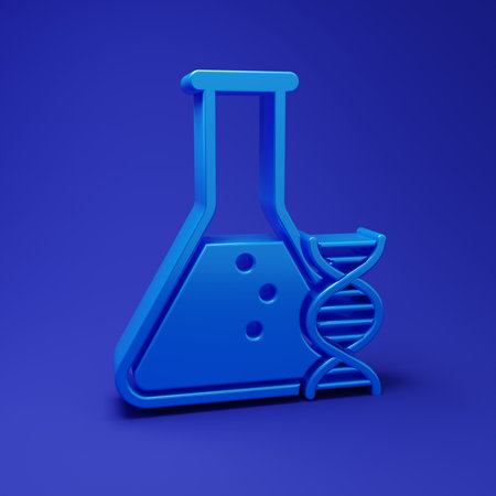 Blue DNA research, search icon isolated on blue background. Genetic engineering, genetics testing, cloning, paternity testing. Minimalism concept. 3D render illustration.の写真素材