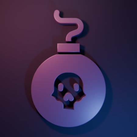 Purple Bomb ready to explode icon isolated on purple-blue background. Minimalism concept. 3D render illustration.の写真素材