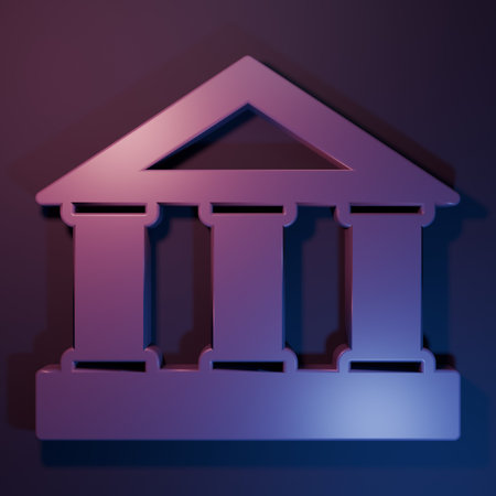 Purple Bank building icon isolated on purple-blue background. Minimalism concept. 3D render illustration.の写真素材