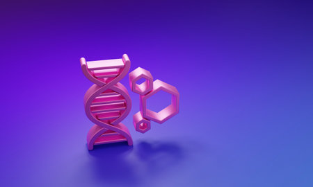 Pink Genetic engineering icon isolated on purple-blue background. DNA analysis, genetics testing, cloning, paternity testing. Minimalism concept. 3D render illustration.の写真素材