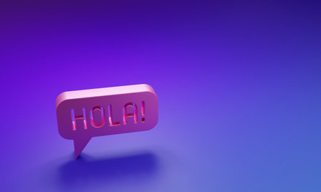 Pink Hola in different languages icon isolated on purple-blue background. Speech bubbles. Minimalism concept. 3D render illustration.の写真素材